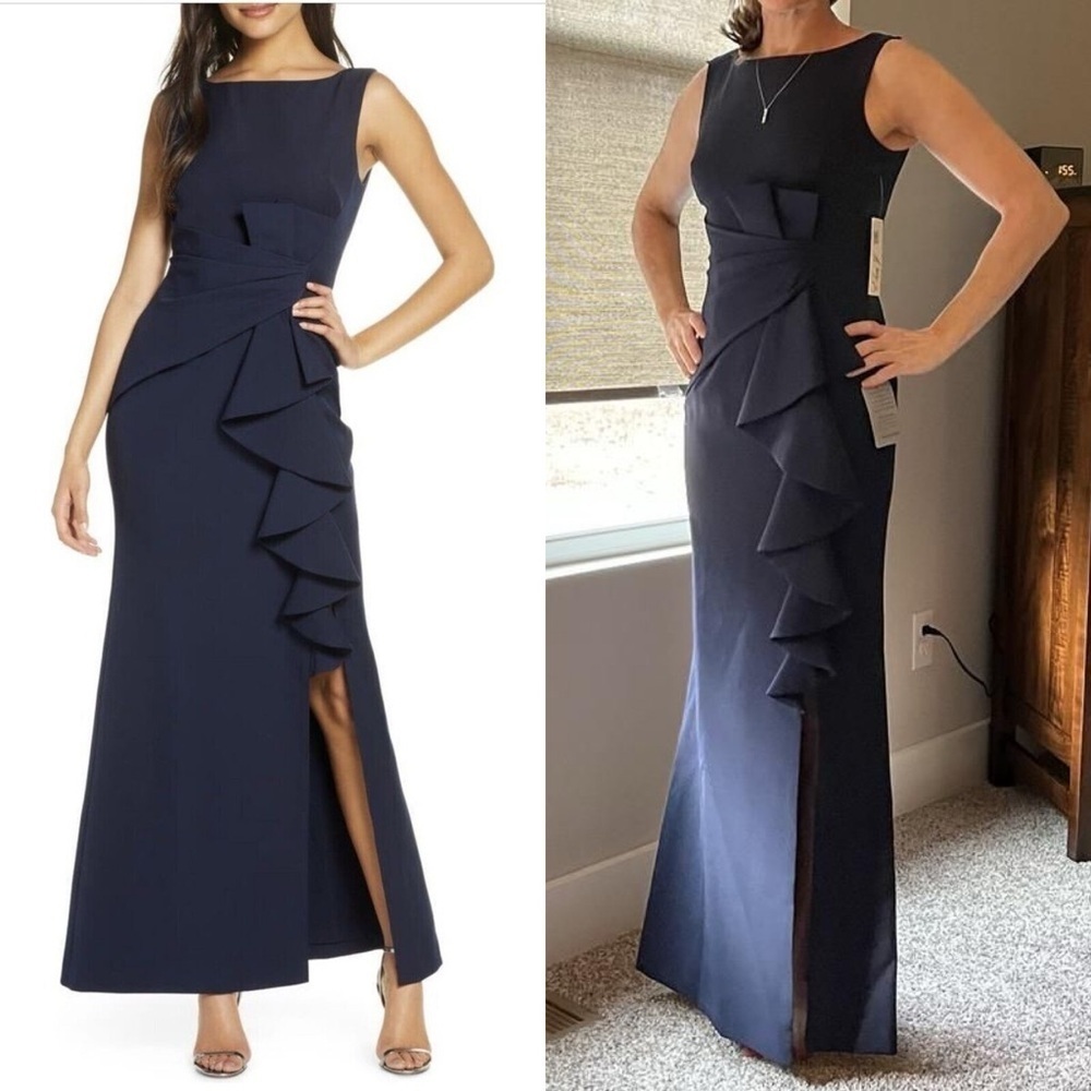ELIZA J Navy Ruffle Front Gown 10
